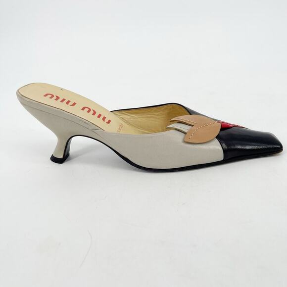 Miu Miu Vintage Retro Gray Black Tan Flower Detail Square Toe Mule Heel IT 36.5 - Picture 2 of 12